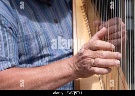 Close-up of a man in a blue striped shirt playing the harp outdoors. Small depth of field, focus on the fingers of the right hand Stock Photo