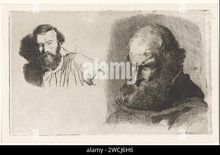 Study of an old man, Jan Weissenbruch, 1837 - 1880 print Two performances on one plate. On the left a study by a middle -aged man with a beard and on the right a study of a bearded old man, possibly a monk in a habit. The Hague (possibly) paper. etching monk(s), friar(s). habit, frock. beard. adult man. old man Stock Photo