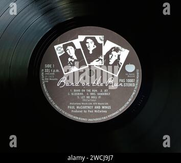 Photo close up of a centre label on an original 1973 pressing of long playing LP vinyl disc Band on the Run album by Paul McCartney and Wings Stock Photo