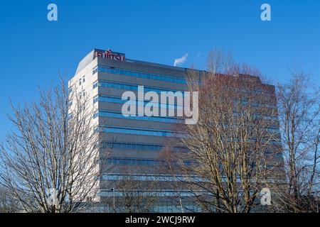 Bracknell, UK. 16th January, 2024. The Fujitsu Head Office in Bracknell, Berkshire. Between the years of 1999 and 2015, the Post Office prosecuted hundreds of sub-postmasters and postmistresses based on Fujitsu's faulty Horizon IT system. A number of them wrongly spent time in prison for committing fraud. The European CEO of Fujitsu in Europe, Paul Patterson, has said the firm has a 'moral obligation' to contribute to a redress scheme for Post Office victims and today he has apologised for the company's role in 'this appalling miscarriage of justice' during a Commons business select committee Stock Photo