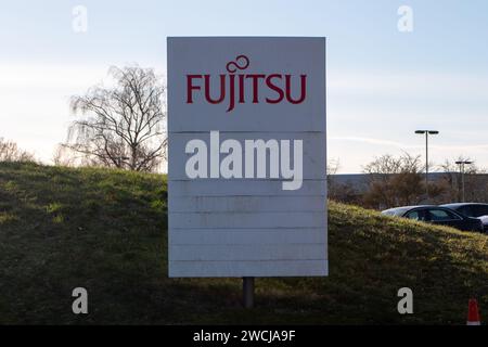 Bracknell, UK. 16th January, 2024. The Fujitsu Head Office in Bracknell, Berkshire. Between the years of 1999 and 2015, the Post Office prosecuted hundreds of sub-postmasters and postmistresses based on Fujitsu's faulty Horizon IT system. A number of them wrongly spent time in prison for committing fraud. The European CEO of Fujitsu in Europe, Paul Patterson, has said the firm has a 'moral obligation' to contribute to a redress scheme for Post Office victims and today he has apologised for the company's role in 'this appalling miscarriage of justice' during a Commons business select committee Stock Photo