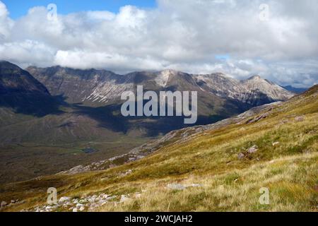 The Munro Mountain Range 'Beinn Eighe' from the Stalkers Path to the Corbett 'Sgorr nan Lochan Uaine' in Torridon, Scottish Highlands, Scotland, UK. Stock Photo