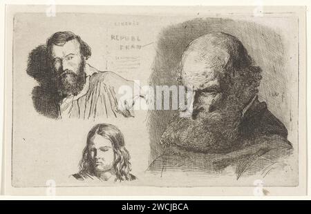 Study of an old man, Jan Weissenbruch, 1837 - 1880 print Three performances on one plate. At the top left a study of a middle -aged man with a beard. At the bottom left a study by a young man and on the right a study of a bearded old man, possibly a monk in a habit. In the middle above is the printed French -speaking text 'Liberte Republe Fran'. The Hague (possibly) paper. etching monk(s), friar(s). habit, frock. beard. adult man. old man Stock Photo