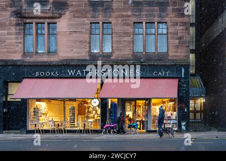 Waterstones bookstore shop and cafe exterior and interior in winter - Byres Road, Glasgow, Scotland, UK Stock Photo