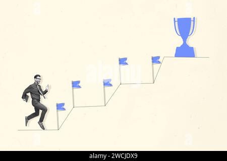 Photo image collage funny young employee guy running towards cup award climb upwards flag route destination success white background Stock Photo