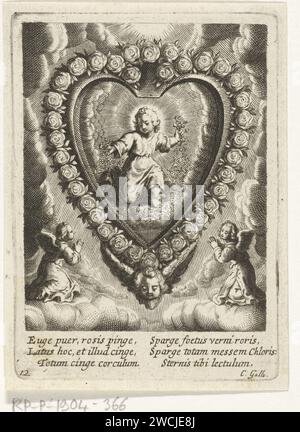 Christkind in Hart from Rozen, Cornelis Galle (II), 1638 - 1678 print The Christ child scatters petals. Framed by a heart of roses and clouds. Two angels worship the child. A Latin text under the show. Antwerp paper engraving heart symbolism. Christ-child (with attributes) Stock Photo