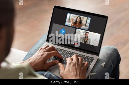 High angle view man have video chat with multiracial people Stock Photo