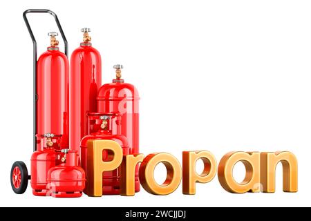 Set of propane gas cylinders with hand truck, 3D rendering isolated on white background Stock Photo