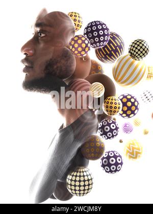 A double exposure profile male portrait combined with 3D spheres Stock Photo