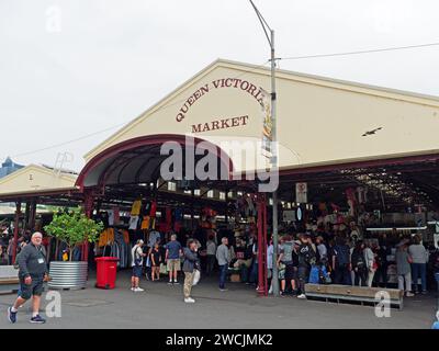 View of an entrance to one of the open-air sheds at Queen Victoria Market in Melbourne, Victoria, Australia. Stock Photo