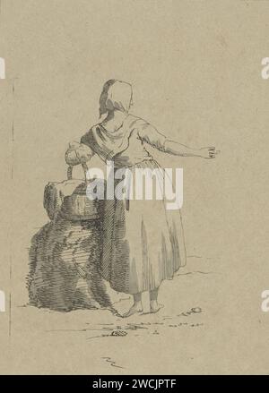 Woman with a basket, Jacob van Kouwenhoven, 1782 - 1825 print A woman, seen from behind, rests with the left hand on the handle of a basket that stands on a stone next to her. Rotterdam paper etching adult woman Stock Photo