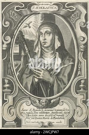 Portret Van H. Scholastica, Michel van Lochom, after Cornelis Galle (1), 1611 - 1647 print Portrait of Saint Scholastica, sister of the Holy Benedict of Nursia. Antwerp paper engraving the Benedictine abbess Scholastica, sister of Benedict of Nursia; possible attributes: book, crucifix, dove, lily, staff Stock Photo