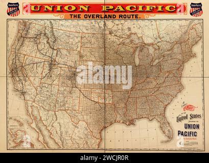 A correct map of the United States showing the Union Pacific, the overland route and connections. Stock Photo
