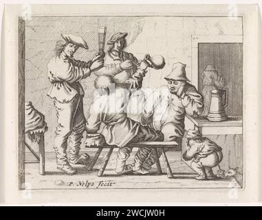 Farmers in an interior, Anonymous, After Pieter Nolpe, After Pieter Jansz Quast, 1623 - 1703 print Interior with four farmers. The farmer on the left raises his glass, the farmer on the back sees his jug, the rear farmer holds a pipe in his hand and the fourth has fallen asleep. A boy poops in the corner, in addition is a dog. Amsterdam paper engraving / etching pipe  tobacco. farmers. jar, jug (used as drinking-vessel). defecation Stock Photo