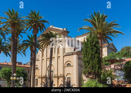 Ile Rousse, Corsica, 2017. Place Pascal Paoli, date palms (Phoenix canariensis) stand tall in front of the Immaculée Conception church Stock Photo