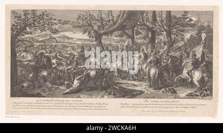 Reported King Porus for Alexander the Great, A. Bormans, After Charles Le Brun, 1746 - 1753 print The reported King Porus is brought to Alexander. The defeated army with elephants can be seen in the background. Paris paper engraving historical persons. (story of) Alexander the Great. the defeated King Porus, covered with wounds, comes before Alexander, who restores his dominions, i.e. the clemency of Alexander. the army of Porus and its elephants are conquered by Alexander Stock Photo