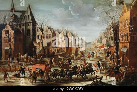 A townscape in winter with carriages, riders and townsfolk. Stock Photo