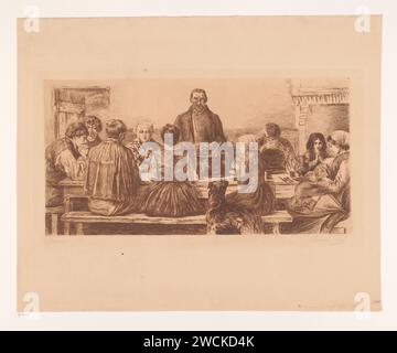 Family at the table pray for meals, Louise Danse, After Charles de Groux, 1895 print  Belgium paper etching prayer at table, saying grace. evening meal, dinner, supper Stock Photo