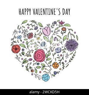 Greeting Card with Heart Shaped Flower and Leaf Ornament and Text Happy Valentine's Day Stock Vector