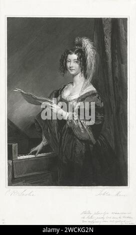 Lady for a keyboard, Johannes de Mare, after Charles Robert Leslie, 1816 - 1885 print A lady for a keyboard on which she holds the right hand, with a sheet of paper in the other hand.  paper. pencil steel engraving spinet, virginal. adolescent, young woman, maiden Stock Photo