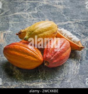 Cocoa pods still life close up whole organic marble top bamboos in background Stock Photo