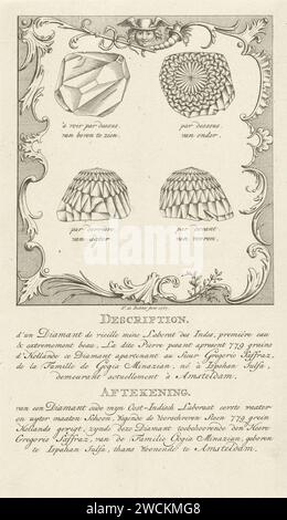 Four views of the Orlov (Orloff) Diamond., Frans de Bakker, 1767 print Four views of the Orlov (Orloff) Diamond. With a descriptive caption in French and Dutch about the Diamond and his Iranian owner Gregorio Saffraz from Amsterdam. The diamond of 189 carat was auctioned in Amsterdam in 1767 and sold to Count Grigory Orlov (1734-1783). He gave the diamond as a gift to his mistress Keizerin Catharina the Great (1729-1796) and in 1774 she had the diamond put in the imperial scepter. Amsterdam paper etching / engraving precious and semiprecious stones: diamond Stock Photo