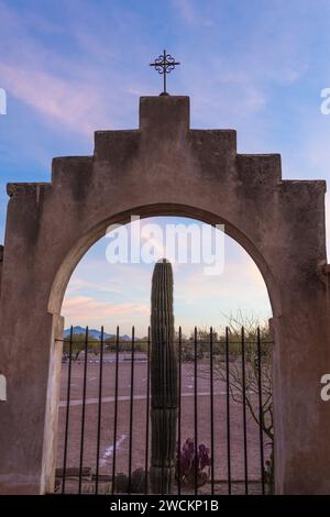 A saguaro cactus in front of the arched entry gate at the Mission San Xavier del Bac, Tucson Arizona. Stock Photo