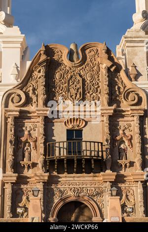 Detail of the facade and wooden balcony of the Mission San Xavier del Bac, Tucson Arizona. Stock Photo