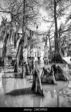 Cypress knees and bald cypress trees draped with Spanish moss in Lake Dauterive in the Atchafalaya Basin or Swamp in Louisiana. Stock Photo