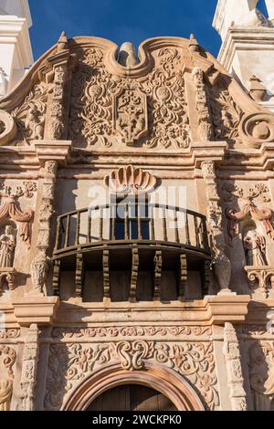 Detail of the facade and wooden balcony of the Mission San Xavier del Bac, Tucson Arizona. Stock Photo