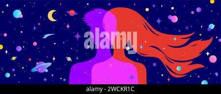 Couple woman, man dreams. Modern flat character silhouette woman, man with dream universe, cosmos, stars background. Character couple, imagination connection universe starry night. Vector illustration Stock Vector