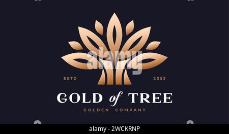 Tree Label, Sign, Logo Oak, Olive Eco Brand. Logo gold tree template company sign, organic eco heraldic icon. Graphic template emblem life symbol, silhouette tree logotype. Vector Illustration Stock Vector