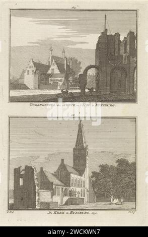 Two faces on Rijnsburg, Hendrik Spilman, After Cornelis Pronk, 1750 print  Haarlem paper etching prospect of city, town panorama, silhouette of city. ruin of church, monastery, etc.. church (exterior) Abbey of Rijnsburg Stock Photo