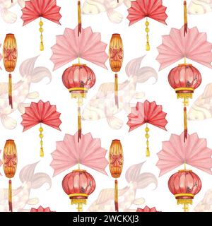 Seamless pattern on the theme of Chinese New Year 2024 Paper lanterns, fans and carps in red and yellow colors hand-drawn in watercolor Stock Photo