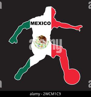 Silhouette of a Mexican footballer with the national flag colors set in a black background Stock Vector