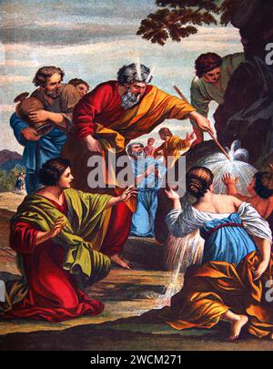 Moses Striking the Rock twice and Water began to flow By Romanello  from Illustrated Family Bible Stock Photo