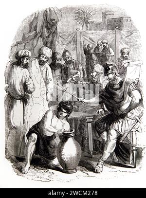 Illustration of Joshua and Eleazar Divideth the Land by Lot (Joshua) - the Distribution of the Land after capturing the Land of Canaan Stock Photo