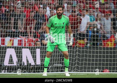 Alisson Ramses Becker of Liverpool seen in action during the UEFA Champions League final match between Tottenham and Liverpool at Wanda Metropolitano. FInal Score; Tottenham 0:2 Liverpool. Stock Photo