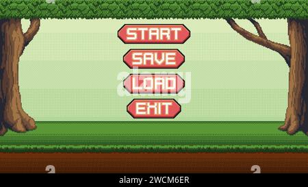 8bit pixel art game interface buttons, loading bar, rating and health ...