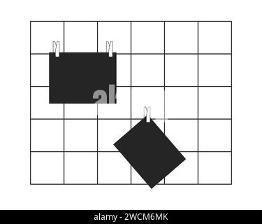 Wall grid panel sticky notes black and white 2D line cartoon object Stock Vector