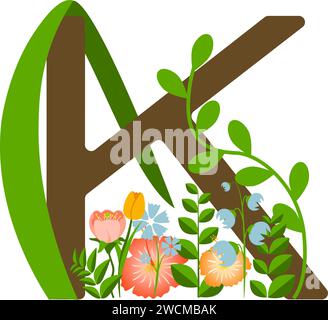 Wildflowers isolated monogram with capital letter K designed on transparent background for greeting cards and wedding invitations Stock Vector