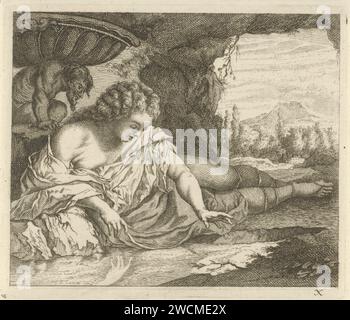 Narcissus, Anonymous, After Arnold Houbraken, 1700 - 1750 print Narcissus looks in a cave at his own reflection in the water. A mountain landscape in the background. At the bottom right: X. Copy to a print from Houbraken from part 2 of a series of prints with emblems. Northern Netherlands paper etching / engraving (story of) Narcissus Stock Photo