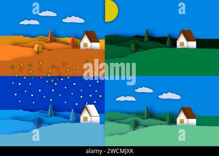 Illustration on theme beautiful shape banner in style paper cut for four seasons tree, decorative paper cut consisting of design elements four seasons Stock Vector