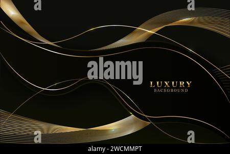 Abstract 3d black background with gold lines curved wavy sparkle with copy space for text. Luxury style template design. Vector illustration Stock Vector