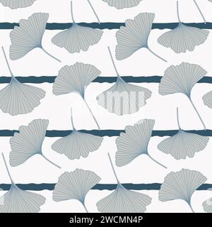 Ginkgo plant seamless pattern. Ginkgo biloba tree leaf outlines, silhouettes, vector illustration. Floral repeat pattern textile design, wallpaper in Stock Vector