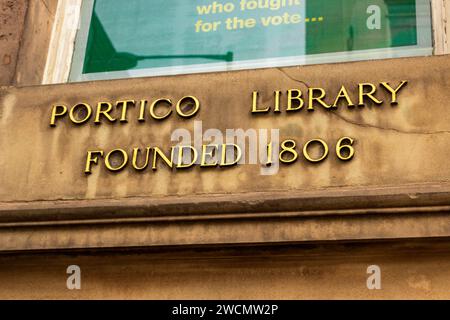 Portico Library sign, Manchester. Stock Photo