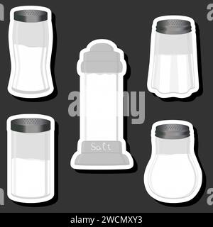 Illustration on theme big set different types ware filled salt for organic cooking, salt in shaker for restaurant menu Stock Vector
