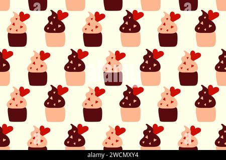 Seamless cute pattern with love cupcakes and hearts Stock Vector