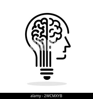 Black silhouette of a human head with a brain-shaped light bulb on a white background. Symbol of creativity and creative idea. Education concept. Vect Stock Vector