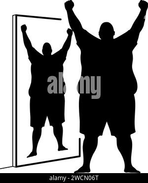 Silhouette of an obese man looking at himself in the mirror and raising his arms as a symbol of victory. Vector illustration Stock Vector